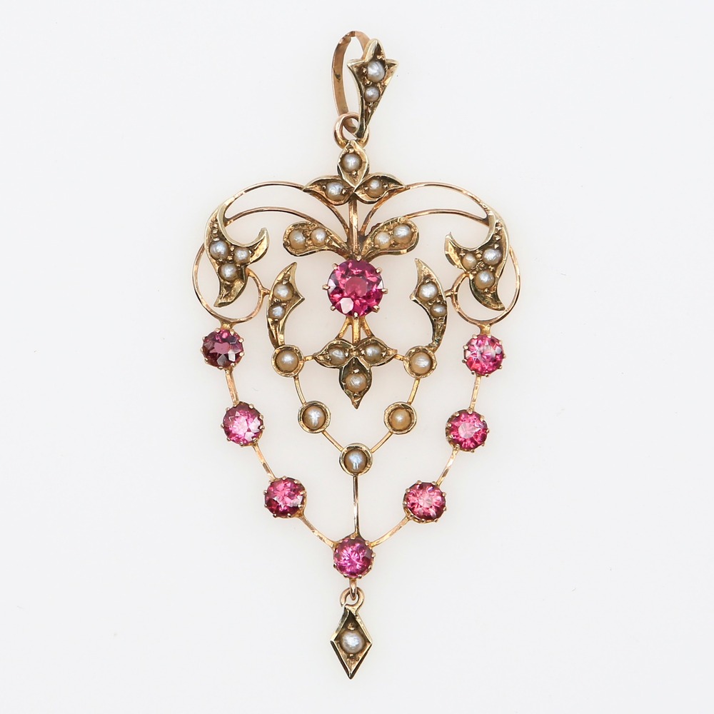 Antique Edwardian G&W 9ct Gold Pink Tourmaline Seed Pearl Lavalier Pendant 1900s